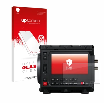 Face avant d’un emballage produit avec le logo de la marque upscreen. À côté, l’appareil Blackmagic Design Pyxis 6K 4