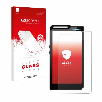 Face avant d’un emballage produit avec le logo de la marque upscreen. À côté, l’appareil Hiby R4 est représenté avec la protec