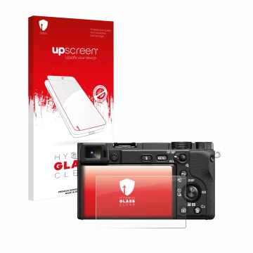 Face avant d’un emballage produit avec le logo de la marque upscreen. À côté, l’appareil Sony Alpha 6100A est représenté avec 