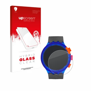 Face avant d’un emballage produit avec le logo de la marque upscreen. À côté, l’appareil Swatch Neon Party est représenté avec