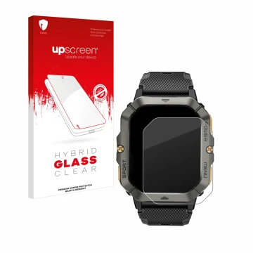 Face avant d’un emballage produit avec le logo de la marque upscreen. À côté, l’appareil Banlvs Smartwatch 2.02