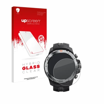 Face avant d’un emballage produit avec le logo de la marque upscreen. À côté, l’appareil Xiaomi Mibro GS Explorer est représen