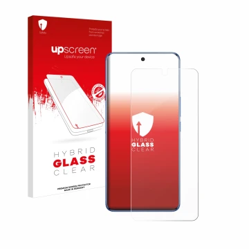 Face avant d’un emballage produit avec le logo de la marque upscreen. À côté, l’appareil Vivo V50 est représenté avec la prote