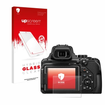 Face avant d’un emballage produit avec le logo de la marque upscreen. À côté, l’appareil Nikon Coolpix P1100 est représenté av