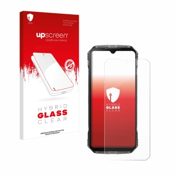 Face avant d’un emballage produit avec le logo de la marque upscreen. À côté, l’appareil Doogee S Cyber Pro est représenté ave