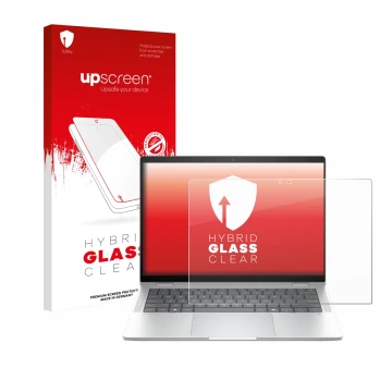 Face avant d’un emballage produit avec le logo de la marque upscreen. À côté, l’appareil HP EliteBook X Flip G1i 14