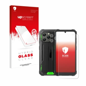 Face avant d’un emballage produit avec le logo de la marque upscreen. À côté, l’appareil Blackview BV5300 Plus (Avant+Caméra) 