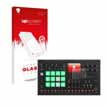 Face avant d’un emballage produit avec le logo de la marque upscreen. À côté, l’appareil Elektron Analog Rytm MKII est représe