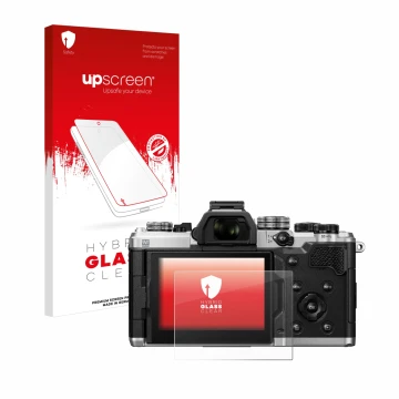 Face avant d’un emballage produit avec le logo de la marque upscreen. À côté, l’appareil OM System OM-3 est représenté avec la