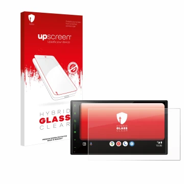 Face avant d’un emballage produit avec le logo de la marque upscreen. À côté, l’appareil Pioneer SPH-DA77DAB est représenté av