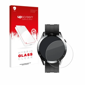 Face avant d’un emballage produit avec le logo de la marque upscreen. À côté, l’appareil Tracer Smartwatch SM9 est représenté 