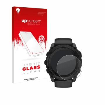 Face avant d’un emballage produit avec le logo de la marque upscreen. À côté, l’appareil Garmin Tactix 8 Solar (51 mm) est rep