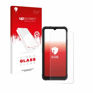 Face avant d’un emballage produit avec le logo de la marque upscreen. À côté, l’appareil AGM H Max est représenté avec la prot