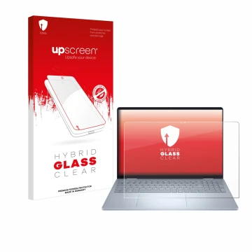 Face avant d’un emballage produit avec le logo de la marque upscreen. À côté, l’appareil Dell 16 Plus-2-in-1 est représenté av