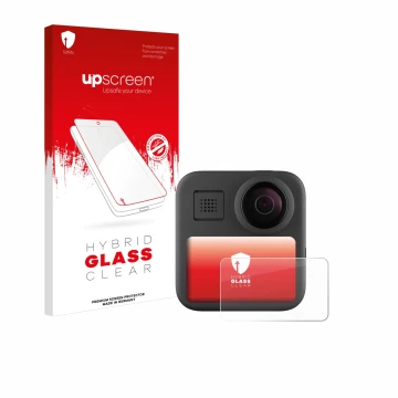 Face avant d’un emballage produit avec le logo de la marque upscreen. À côté, l’appareil GoPro Max (2025) est représenté avec 