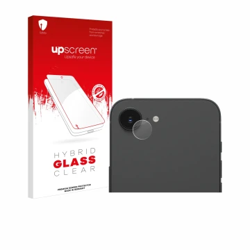 Face avant d’un emballage produit avec le logo de la marque upscreen. À côté, l’appareil Apple iPhone 16e (Caméra UNIQUEMENT) 