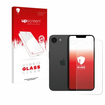 Face avant d’un emballage produit avec le logo de la marque upscreen. À côté, l’appareil Apple iPhone 16e (Avant+Caméra) est r