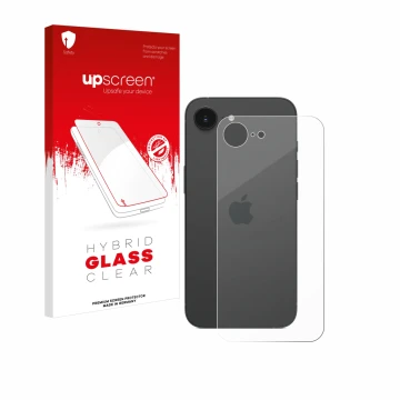 Face avant d’un emballage produit avec le logo de la marque upscreen. À côté, l’appareil Apple iPhone 16e (Arrière) est représ