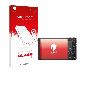 Face avant d’un emballage produit avec le logo de la marque upscreen. À côté, l’appareil Sony Cyber-Shot DSC-RX100 VIIA est re