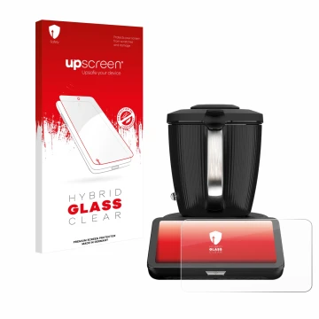 Face avant d’un emballage produit avec le logo de la marque upscreen. À côté, l’appareil Vorwerk Thermomix TM7 est représenté 