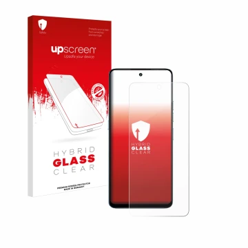 Face avant d’un emballage produit avec le logo de la marque upscreen. À côté, l’appareil Umidigi Note 100 est représenté avec 