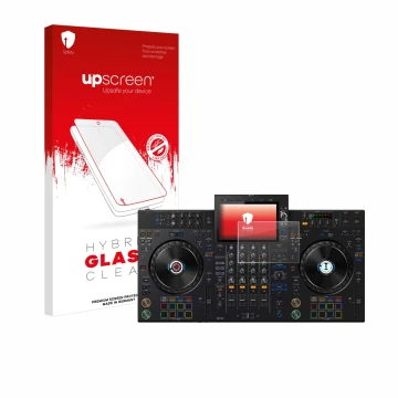 Face avant d’un emballage produit avec le logo de la marque upscreen. À côté, l’appareil Pioneer XDJ-AZ est représenté avec la