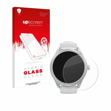 Face avant d’un emballage produit avec le logo de la marque upscreen. À côté, l’appareil Hama Smartwatch 5010 est représenté a