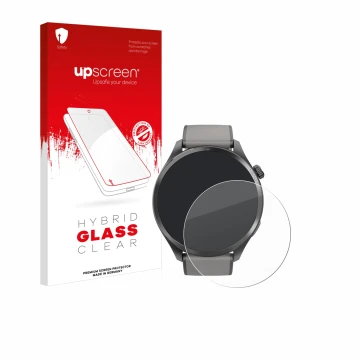 Face avant d’un emballage produit avec le logo de la marque upscreen. À côté, l’appareil Hama Smartwatch 9000 est représenté a