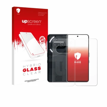 Face avant d’un emballage produit avec le logo de la marque upscreen. À côté, l’appareil Nothing Phone (3a) (Avant+Arrière) es