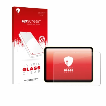 Face avant d’un emballage produit avec le logo de la marque upscreen. À côté, l’appareil Apple iPad Air 11