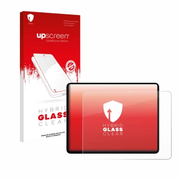 Face avant d’un emballage produit avec le logo de la marque upscreen. À côté, l’appareil Apple iPad Air 13