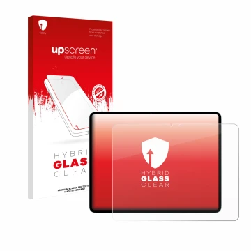 Face avant d’un emballage produit avec le logo de la marque upscreen. À côté, l’appareil Apple iPad Air 13