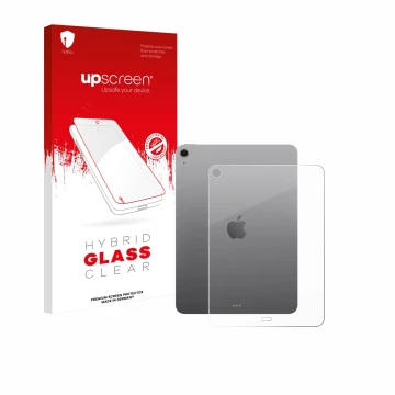 Face avant d’un emballage produit avec le logo de la marque upscreen. À côté, l’appareil Apple iPad Air 11