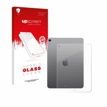 Face avant d’un emballage produit avec le logo de la marque upscreen. À côté, l’appareil Apple iPad Air 11
