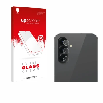 Face avant d’un emballage produit avec le logo de la marque upscreen. À côté, l’appareil Samsung Galaxy A56 5G (Caméra UNIQUEM