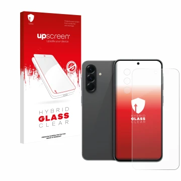 Face avant d’un emballage produit avec le logo de la marque upscreen. À côté, l’appareil Samsung Galaxy A56 5G (Avant+Caméra) 