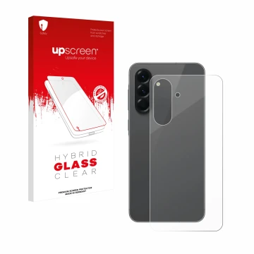 Face avant d’un emballage produit avec le logo de la marque upscreen. À côté, l’appareil Samsung Galaxy A56 5G (Arrière) est r