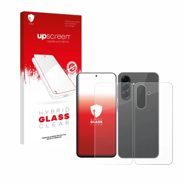 Face avant d’un emballage produit avec le logo de la marque upscreen. À côté, l’appareil Samsung Galaxy A56 5G (Avant+Arrière)