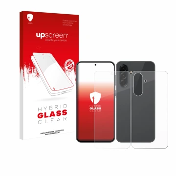 Face avant d’un emballage produit avec le logo de la marque upscreen. À côté, l’appareil Samsung Galaxy A36 5G (Avant+Arrière)