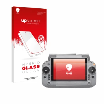 Face avant d’un emballage produit avec le logo de la marque upscreen. À côté, l’appareil DJI RC Plus 2 est représenté avec la 