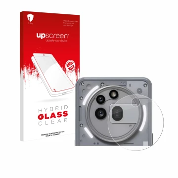 Face avant d’un emballage produit avec le logo de la marque upscreen. À côté, l’appareil Nothing Phone (3a) Pro (Caméra UNIQUE