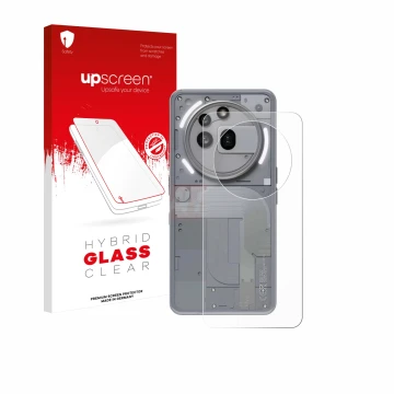 Face avant d’un emballage produit avec le logo de la marque upscreen. À côté, l’appareil Nothing Phone (3a) Pro (Arrière) est 