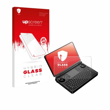 Face avant d’un emballage produit avec le logo de la marque upscreen. À côté, l’appareil GPD Win Mini (2025) est représenté av