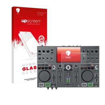 Face avant d’un emballage produit avec le logo de la marque upscreen. À côté, l’appareil Denon DJ Prime Go+ est représenté ave