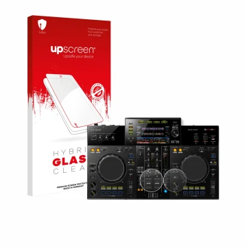 Face avant d’un emballage produit avec le logo de la marque upscreen. À côté, l’appareil Pioneer XDJ -RR (Jog) est représenté 