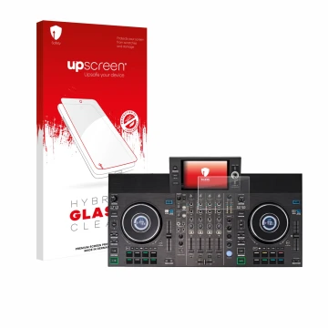 Face avant d’un emballage produit avec le logo de la marque upscreen. À côté, l’appareil Denon DJ SC LIVE 4 (Jog) est représen