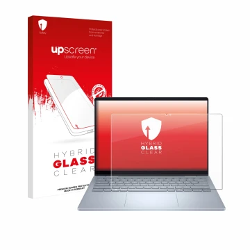 Face avant d’un emballage produit avec le logo de la marque upscreen. À côté, l’appareil Dell 14 Plus 2-in-1 est représenté av