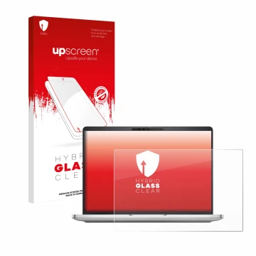 Face avant d’un emballage produit avec le logo de la marque upscreen. À côté, l’appareil Dell Pro 13 Plus Laptop est représent