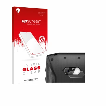 Face avant d’un emballage produit avec le logo de la marque upscreen. À côté, l’appareil Crosscall Core-M5 (Caméra UNIQUEMENT)