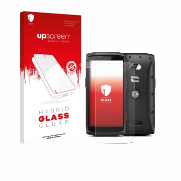 Face avant d’un emballage produit avec le logo de la marque upscreen. À côté, l’appareil Crosscall Core-M5 (Avant+Caméra) est 
